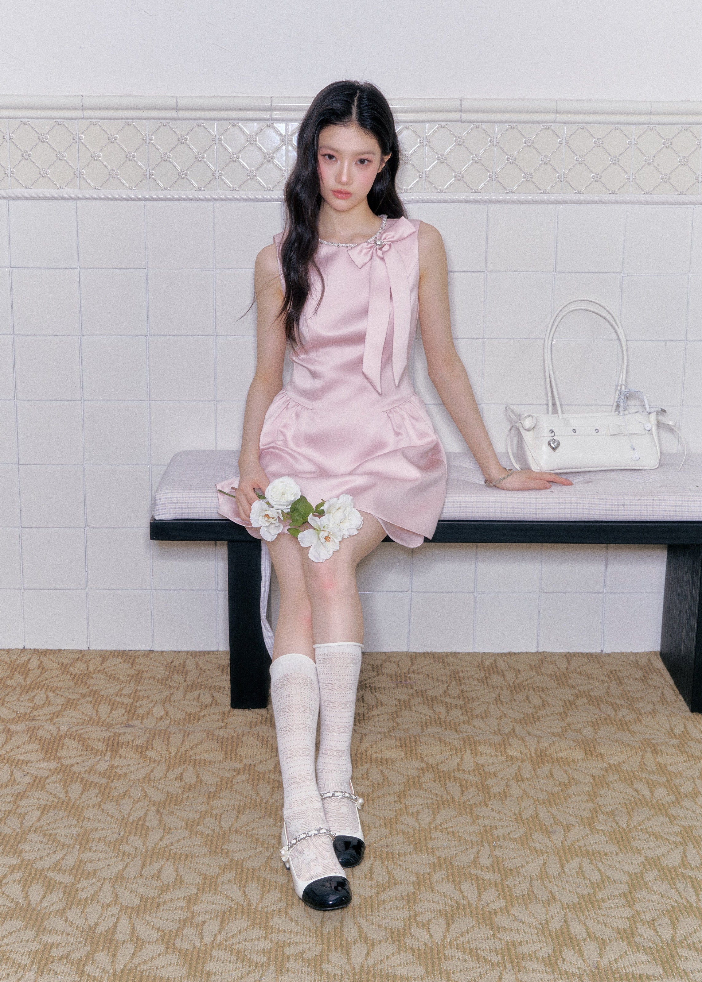 pink satin mini dress, princess satin dress, bow shoulder dress, feminine korean dress, fragileheart dress, birthday party dress, romantic pink dress, satin flare mini dress, soft girl mini dress, cute pink occasion dress, korean feminine fashion, blush satin dress