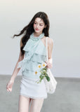 fragileheart top, mint halter camisole, ruffle camisole top, korean feminine top, mint green summer top, polka dot cami, sweet korean fashion, ruffled halter top, soft girl camisole, summer cami top, feminine resort top, cute mint top