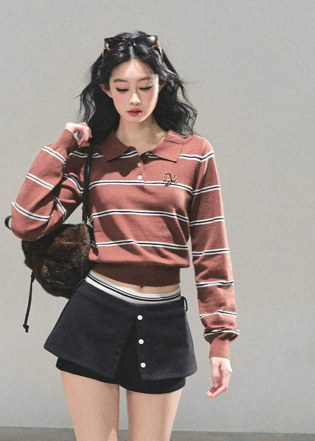striped knit top, cropped polo shirt, vintage striped sweater, Korean fashion knit, AOMALM polo top, fall knitwear women, slimming crop top, long sleeve polo, American retro knit, Korean style tops, autumn fashion women, preppy knit top, waist-slimming shirt, striped crop fashion, aesthetic polo top, soft knit sweater, cute Korean outfit, polo collar knit, trendy fall tops, slim fit long sleeve top.