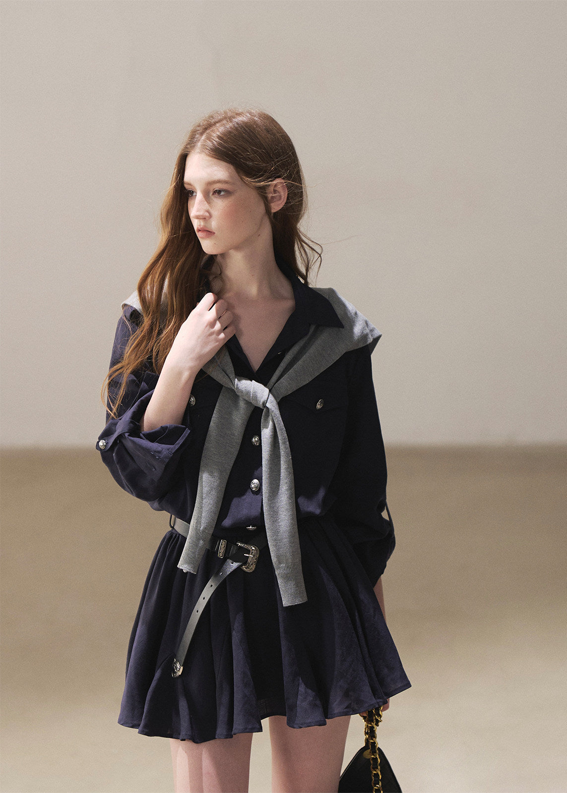 Academic-inspired shirt dress and shawl set