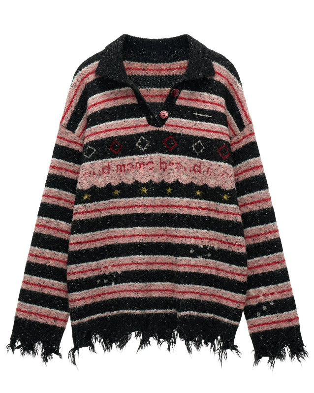 star stripe polo sweater women, sporty polo knit top, fall winter 2025 knitwear women, varsity style star knit, lazy street polo sweater, korean retro sports knit, striped star collar sweater, unique fashion knit top women, nowa tokyo sporty street style
