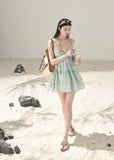 Seafoam blue tiered cami mini dress with gathered front