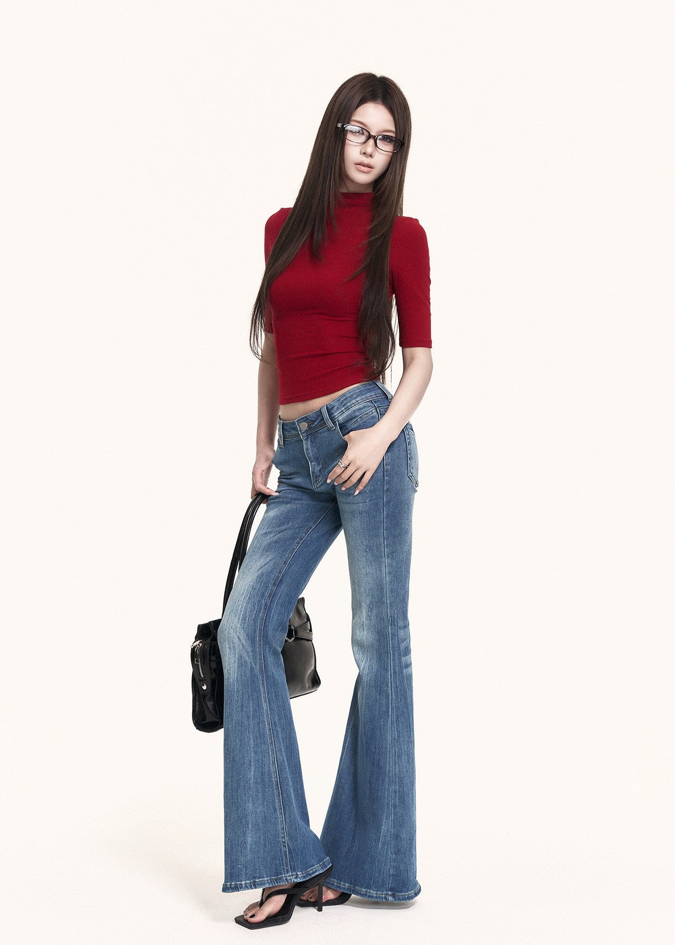 Red high-neck fitted top with mid sleeves