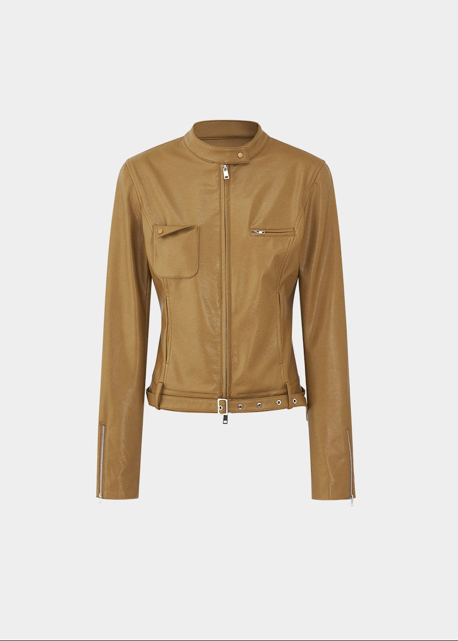 LaluneDuCiel leather jacket women, Korean feminine moto jacket, stand collar cropped leather jacket, romantic retro leather outerwear, pebble texture faux leather jacket, elegant Korean style jacket, waist fitted leather jacket women, versatile feminine biker jacket, chic Korean fashion outerwear, soft structured leather jacket