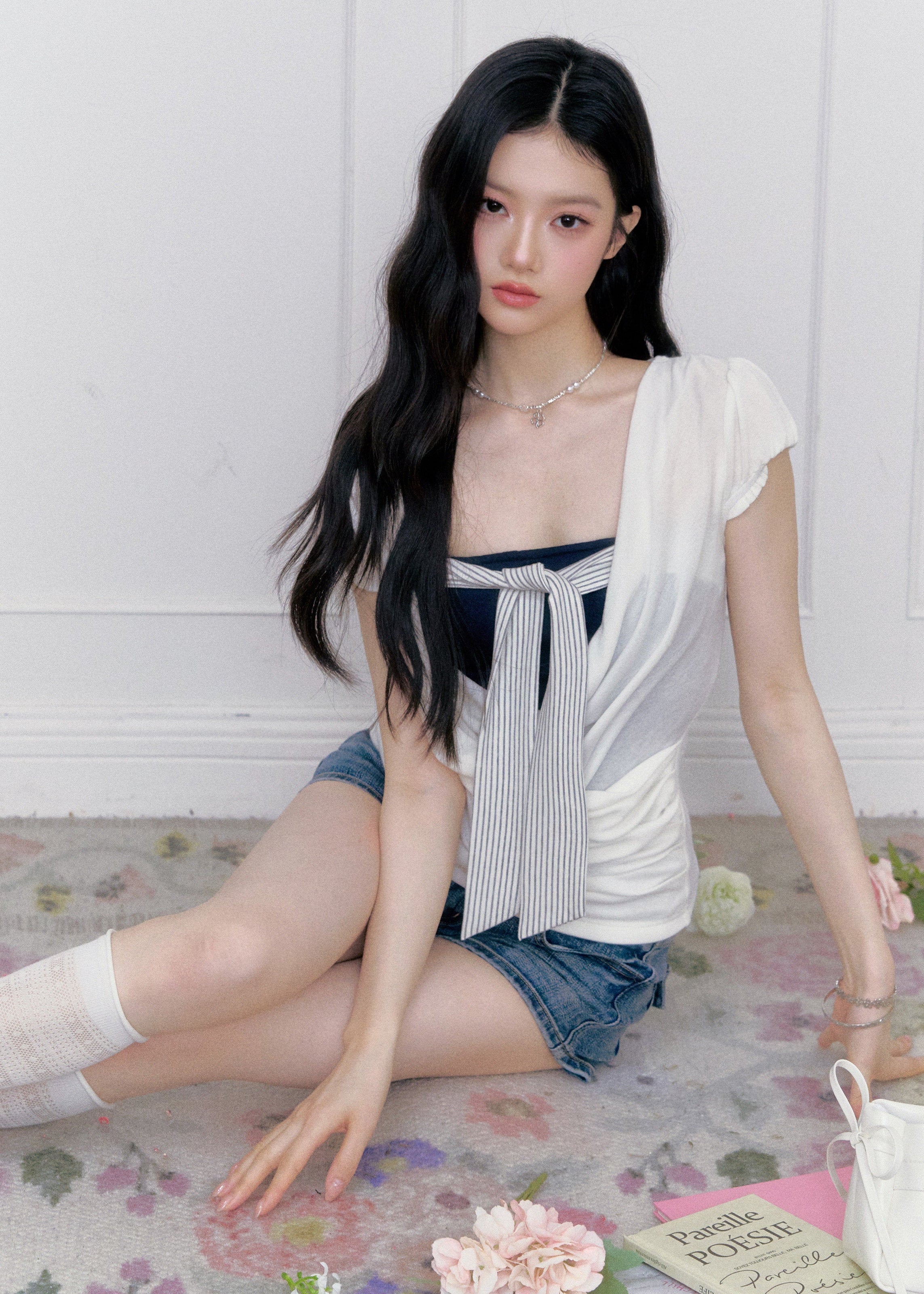 fragileheart top, korean summer top, color block top, layered summer top, strapless inner top, feminine korean fashion, preppy fitted top, contrast layered tee, cute summer top, soft girl korean outfit, ribbon detail top, stylish casual top