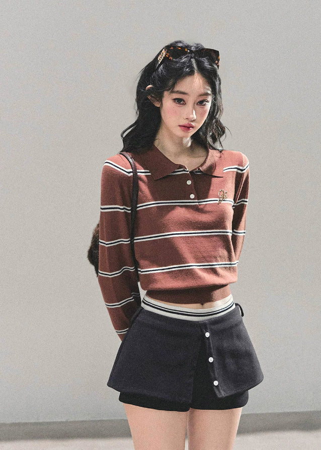 striped knit top, cropped polo shirt, vintage striped sweater, Korean fashion knit, AOMALM polo top, fall knitwear women, slimming crop top, long sleeve polo, American retro knit, Korean style tops, autumn fashion women, preppy knit top, waist-slimming shirt, striped crop fashion, aesthetic polo top, soft knit sweater, cute Korean outfit, polo collar knit, trendy fall tops, slim fit long sleeve top.