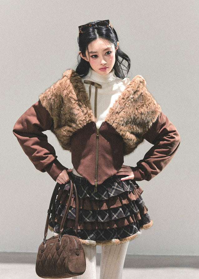 Korean jacket, lambswool jacket, fluffy cropped jacket, winter feminine coat, AOMALM jacket, Korean style outerwear, fur trim hoodie, cute winter jacket, warm fleece coat, short lamb fleece top, girly winter fashion, soft girl jacket, brown fluffy jacket, K-fashion outer, winter Korea outfit