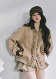 french suit set, ruffle jacket set, autumn two piece outfit women, korean fashion co-ord, puff skirt set, bud skirt outfit, soft girl aesthetic clothes, elegant ruffle jacket, korean chic two-piece, fall fashion women, korean streetwear outfit, cute jacket and skirt set, stylish autumn outfits for women, feminine korean fashion, french style women’s clothing
