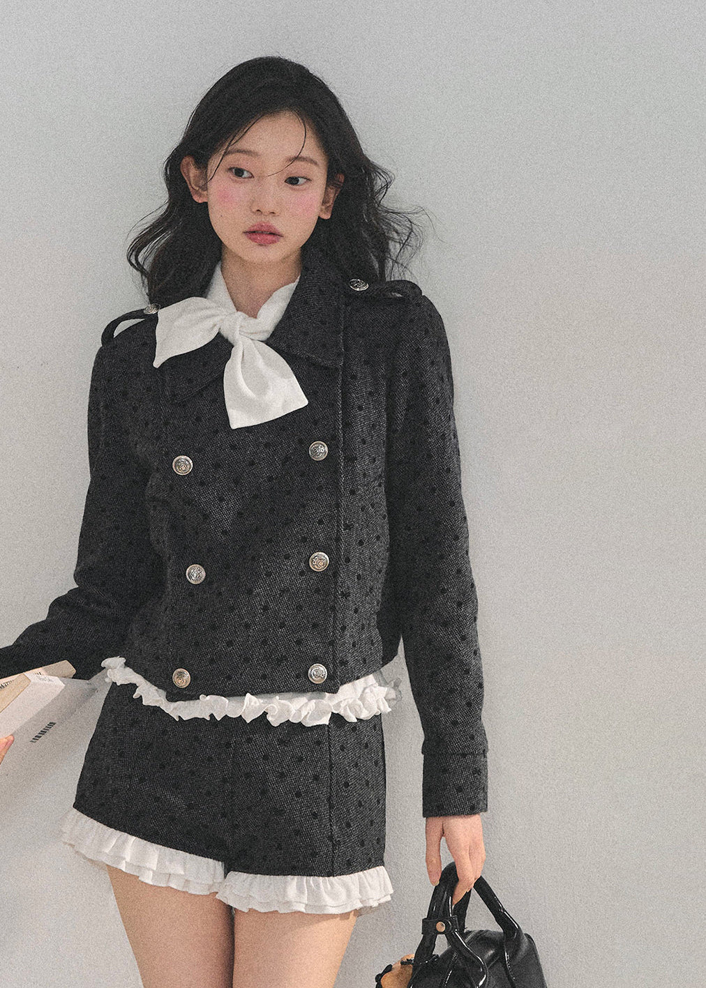 Korean wool suit set, feminine winter outfit, polka dot wool jacket, lace trim shorts set, Korean girly fashion, AOMALM suit set, soft feminine aesthetic, Korean winter clothing, cute wool two-piece, winter date outfit women, lace detail jacket, Korean street style winter, sweet girl fashion, polka dot tweed set, elegant wool short suit, Korean chic outfit, winter feminine suit set, lace trimmed wool jacket