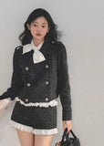 Korean wool suit set, feminine winter outfit, polka dot wool jacket, lace trim shorts set, Korean girly fashion, AOMALM suit set, soft feminine aesthetic, Korean winter clothing, cute wool two-piece, winter date outfit women, lace detail jacket, Korean street style winter, sweet girl fashion, polka dot tweed set, elegant wool short suit, Korean chic outfit, winter feminine suit set, lace trimmed wool jacket