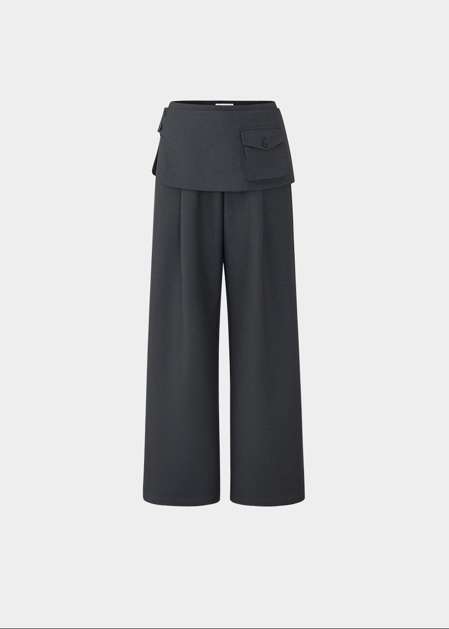 layered trousers women, skirt pants set, detachable skirt trousers, wide leg pants women, korean fashion set, tailored trousers outfit, modern layered pants, minimalist fashion set, versatile two piece outfit, casual tailored pants, structured wide leg trousers, unique design pants, contemporary women clothing, relaxed fit trousers, chic layering outfit, elegant casual wear, statement pants women, refined tailoring set, fashion forward outfit, everyday modern style