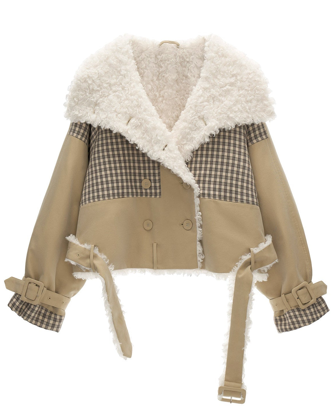 plaid spliced jacket women, fur collar jacket women, y2k street jacket, oversized lapel jacket, autumn winter jacket women, fashion street outerwear, casual statement jacket, retro inspired jacket, mixed fabric jacket women, trendy winter jacket, high fashion street jacket, mamc outerwear style, bold women jacket, streetwear coat women, y2k fashion jacket