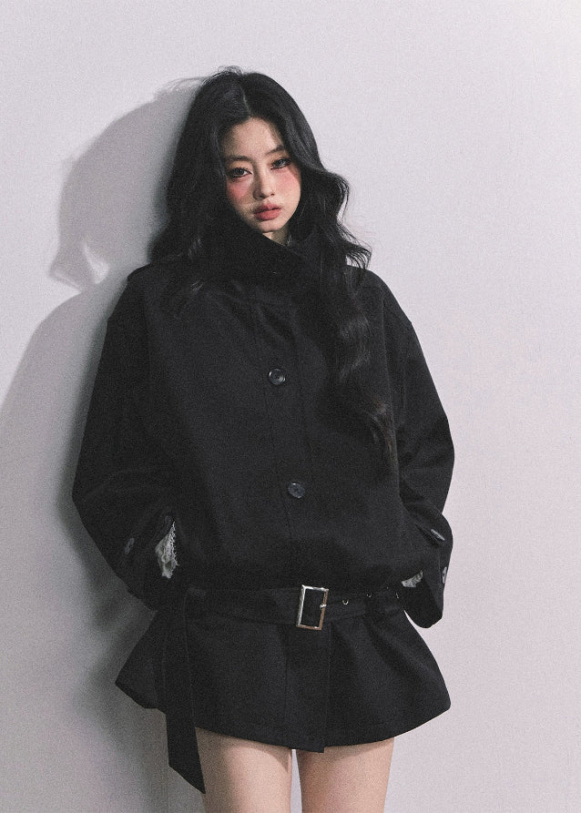 french trench jacket, korean short trench coat, autumn outerwear women, seoul street style jacket, belted loose fit coat, stand collar windbreaker, hepurn fashion jacket, elegant french outerwear, korean fashion 2025, minimalist city coat, oversized chic jacket, trendy korean outfit, casual luxury jacket, nom alm style, korean modern trench