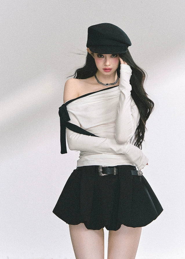 korean off shoulder ribbon top, korean hot girl long sleeve shirt, seoul street fashion top women, korean sexy slim fit long sleeve, off shoulder tie top women, korean modern chic top, korean autumn off shoulder blouse, kfashion minimalist street top, korean elegant bow top, seoul inspired off shoulder outfit, hot girl shoulder tie design, korean feminine streetwear, off shoulder stylish korean shirt, trendy long sleeve fall top, korean fashion black white slim top