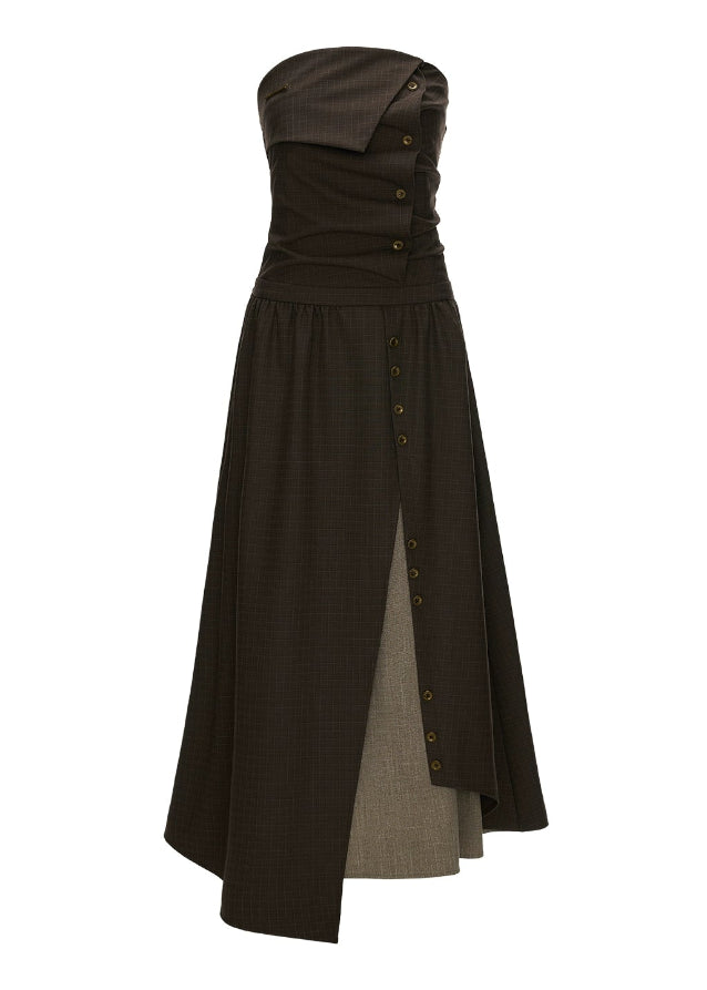 retro bandeau dress, layered long dress women, slim fit fall dress 2025, high end layered skirt outfit, elegant bandeau long dress, korean street luxe dress, autumn slimming maxi dress women, vintage inspired layered gown, nowa tokyo luxury feminine style
