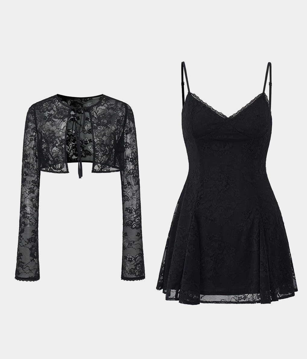 lace cardigan set, black mini dress set, lace sleeve dress, waist cinching dress set, feminine Korean dress, romantic black outfit, elegant two piece dress set, sheer lace cardigan, date night mini dress, fitted strap dress, soft goth feminine dress, summer black dress set, delicate lace outfit, party mini dress women, Korean feminine style