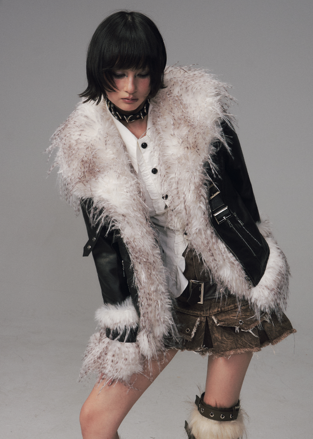 Frustration Garden coat, edgy fur collar jacket, grunge winter coat, punk faux fur jacket, shaggy collar coat, retro rub dye jacket, short padded winter coat, alternative fashion outerwear, goth streetwear coat, distressed fur trim jacket women