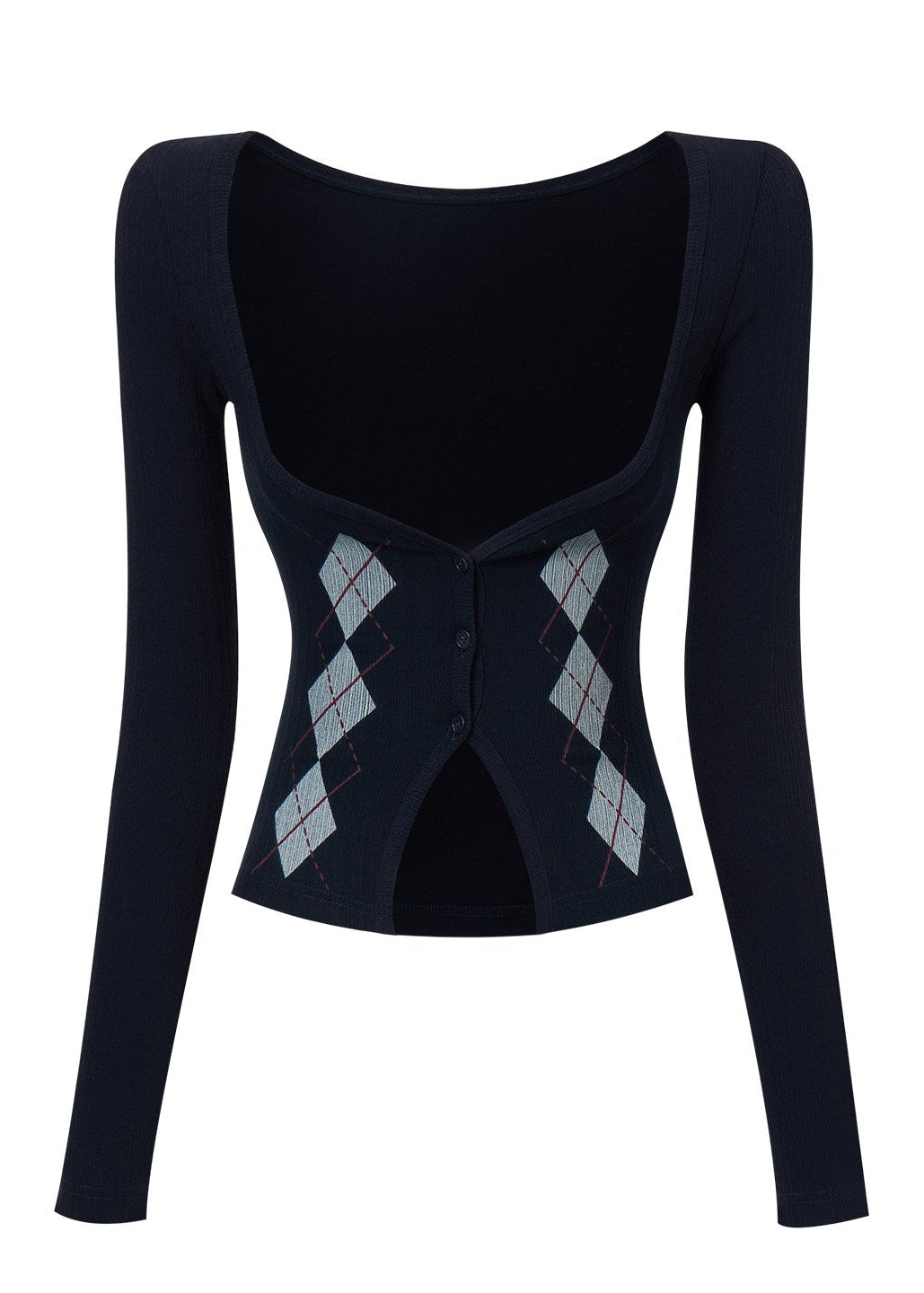 Argyle button-front cardigan with sleeveless high-neck mini dress