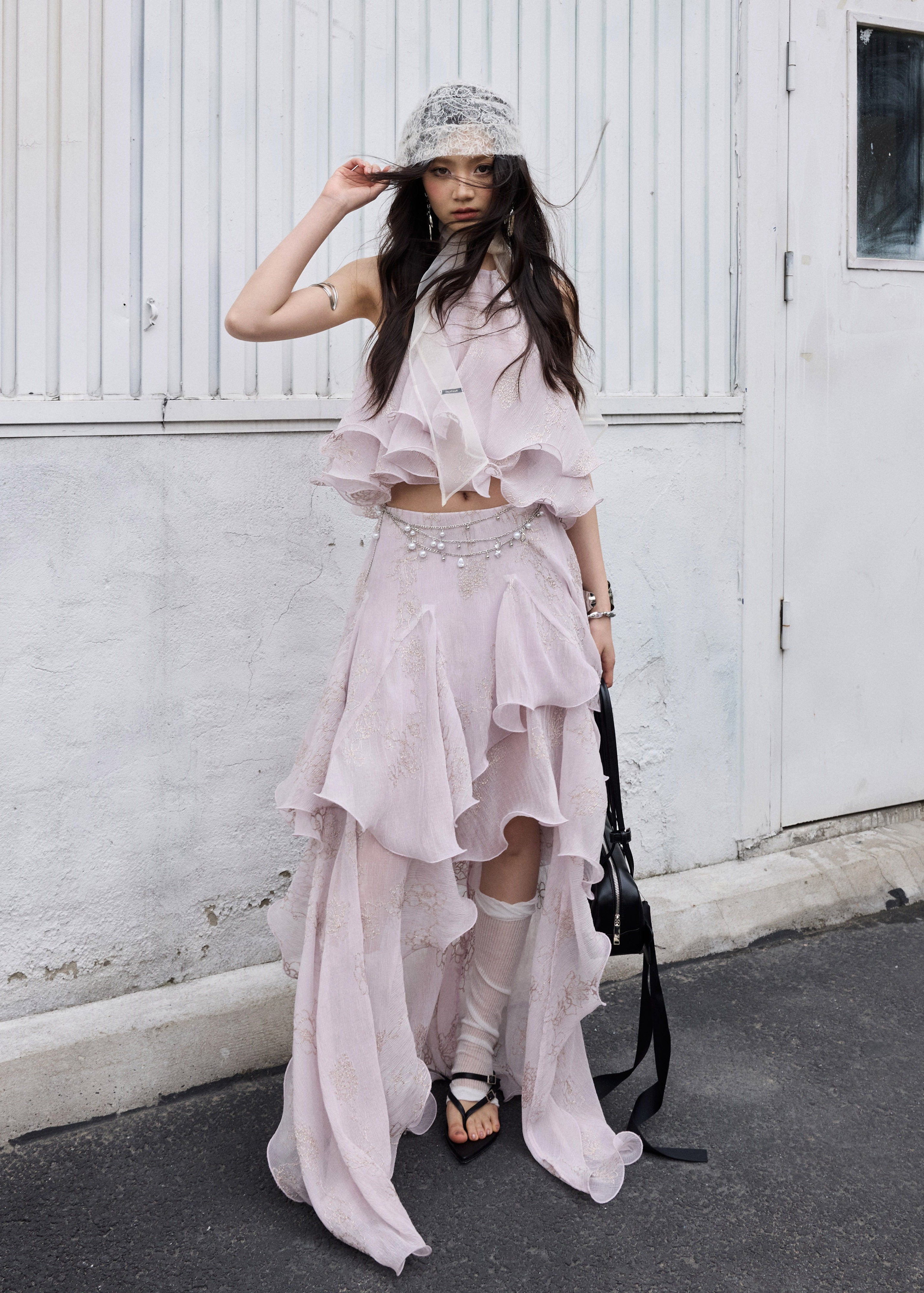 peach pink two piece set, halter ruffle set, korean fashion set, romantic maxi skirt set, fairycore outfit, layered ruffle skirt, feminine summer set, elegant two piece dress set, jnylon dress set, resort wear women