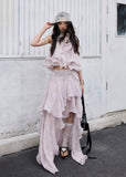 peach pink two piece set, halter ruffle set, korean fashion set, romantic maxi skirt set, fairycore outfit, layered ruffle skirt, feminine summer set, elegant two piece dress set, jnylon dress set, resort wear women
