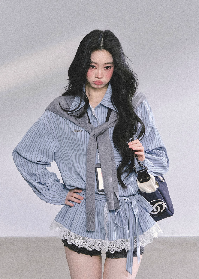 lace striped shirt women
french lace blouse
korean style striped top
ruffle lace trim shirt
long sleeve lace shirt women
autumn commuter blouse
elegant lace shirt outfit
korean american fashion top
slimming lace striped blouse
vintage lace ruffle top
romantic french style shirt
casual chic lace shirt women
