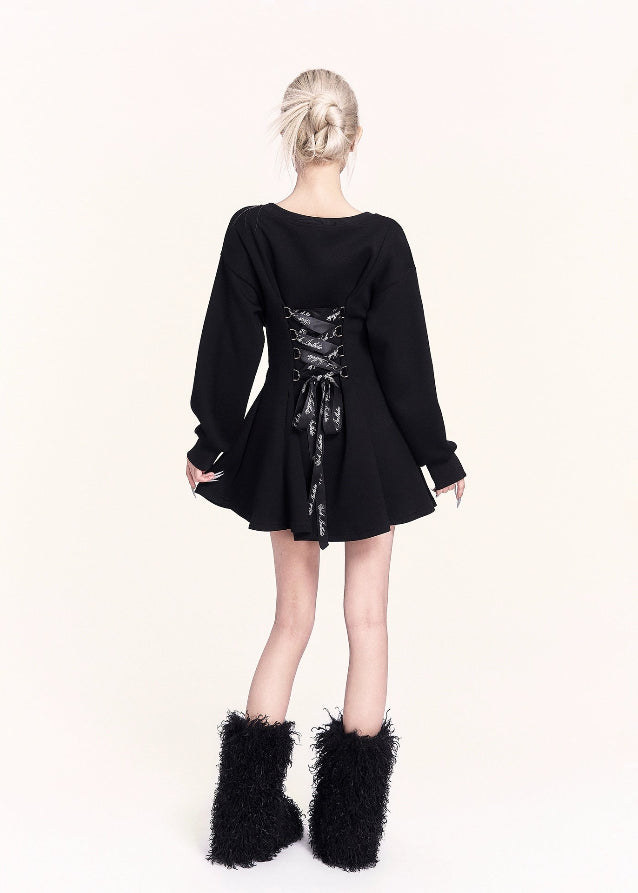 VOCK, y2k dress, Korean style dress, lace-up back dress, corset back mini dress, sweet cool girl outfit, black flare sweatshirt dress, slimming waist dress, winter cute dress, aesthetic mini dress, Korean fashion 2025, street style dress women, soft girl dark outfit, adjustable waist dress, holiday black dress, kawaii dark fashion, trendy sweatshirt dress women