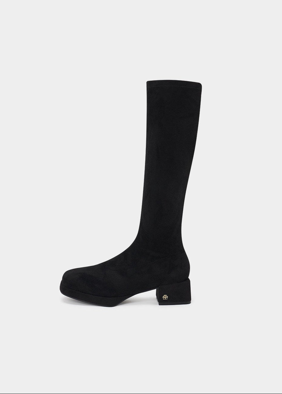 suede boots women, square toe boots, knee high boots women, korean fashion shoes, low heel boots, stretch boots women, slim fit boots, black knee boots, minimalist boots women, versatile winter shoes, elegant casual boots, modern feminine footwear, chic everyday boots, parisian style shoes, aesthetic fashion footwear, refined minimal boots, comfortable heeled boots, sleek silhouette boots, soft suede boots, wardrobe essential boots