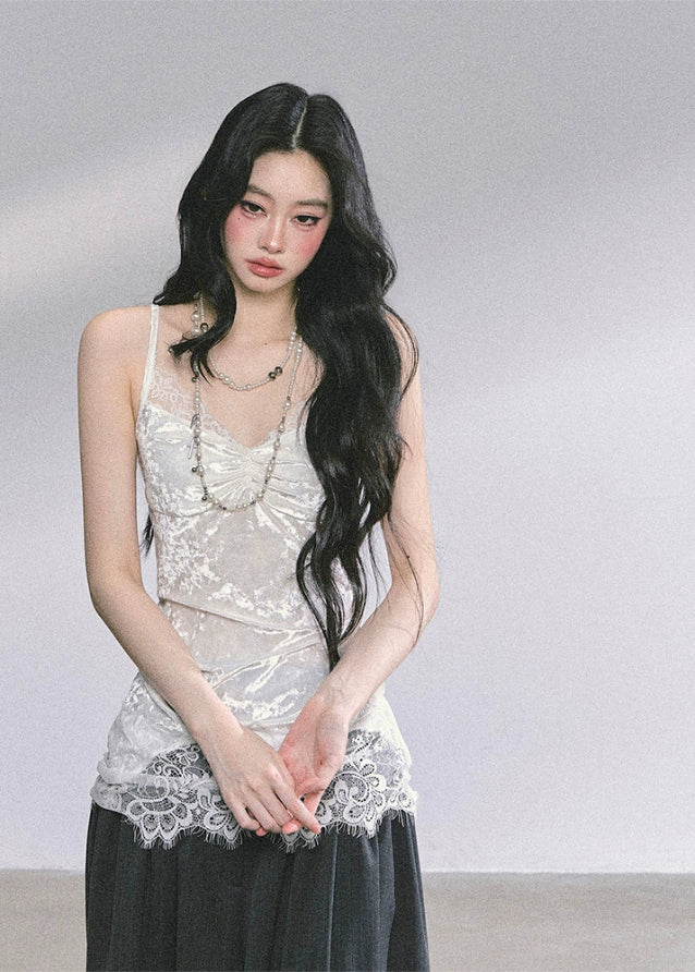 lace camisole, velvet lace top, sexy lace tank, Korean fashion camisole, French lace top, pure desire aesthetic top, Y2K lace cami, layered lace tank, Korean-American style top, elegant lace slip top, boutique lace camisole, sheer lace top, women's lace fashion, fall winter lace top, romantic lace camisole, hot girl lace top, aesthetic velvet cami, lace trim camisole, trendy Korean tops, feminine lace outfit

