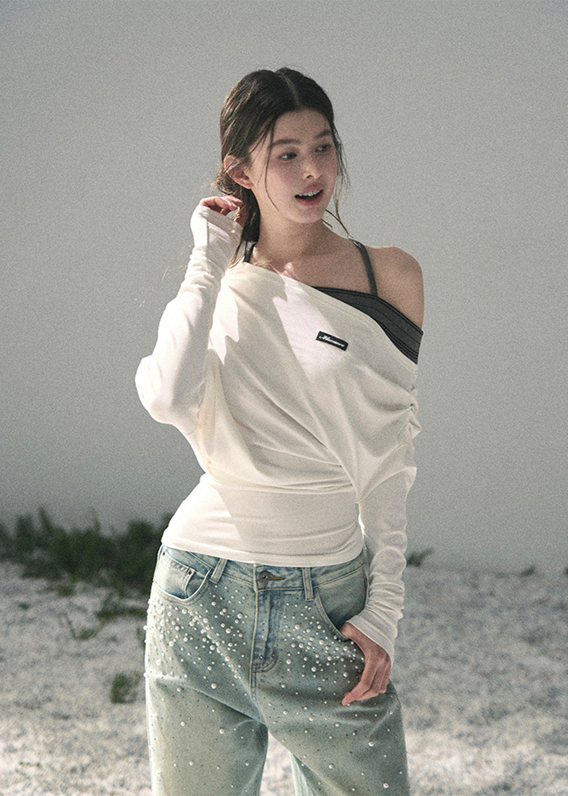 aomalm top, off shoulder knit top, korean fashion top, layered halter top, long sleeve summer top, waist cinching top, feminine korean blouse, soft drape top, elegant casual top, spring knit top, slim fit long sleeve top, romantic korean outfit
