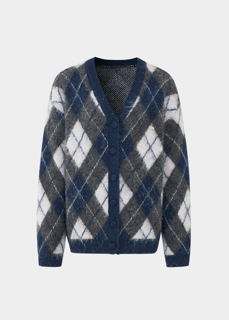 LaluneDuCiel argyle cardigan women, Korean feminine knit cardigan, collegiate style sweater women, vintage argyle knit cardigan, cozy oversized cardigan Korean fashion, soft academia knitwear women, elegant Korean style sweater, casual feminine cardigan outfit, spring knit cardigan women, chic Korean fashion knitwear