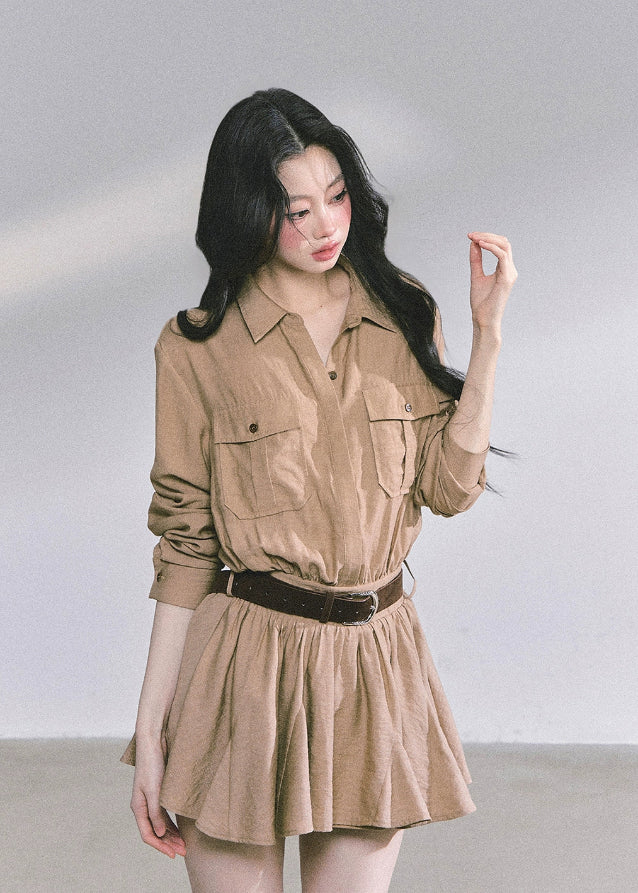 korean cargo dress, french hepburn dress, autumn flare shirt dress women, belted short cargo dress, korean academia style outfit, korean autumn mini dress, beige button up dress, seoul preppy girl fashion, korean elegant cargo dress, hepburn french chic outfit, soft academia korean fashion, korean shirt dress long sleeve, korean fall 2025 dress, stylish cargo mini dress, waist slimming flare dress