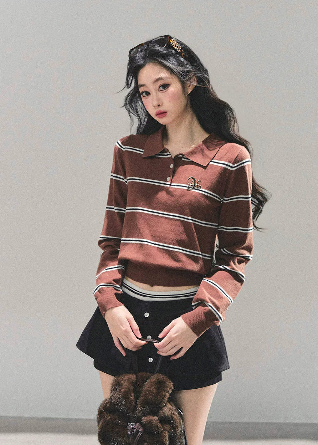 striped knit top, cropped polo shirt, vintage striped sweater, Korean fashion knit, AOMALM polo top, fall knitwear women, slimming crop top, long sleeve polo, American retro knit, Korean style tops, autumn fashion women, preppy knit top, waist-slimming shirt, striped crop fashion, aesthetic polo top, soft knit sweater, cute Korean outfit, polo collar knit, trendy fall tops, slim fit long sleeve top.