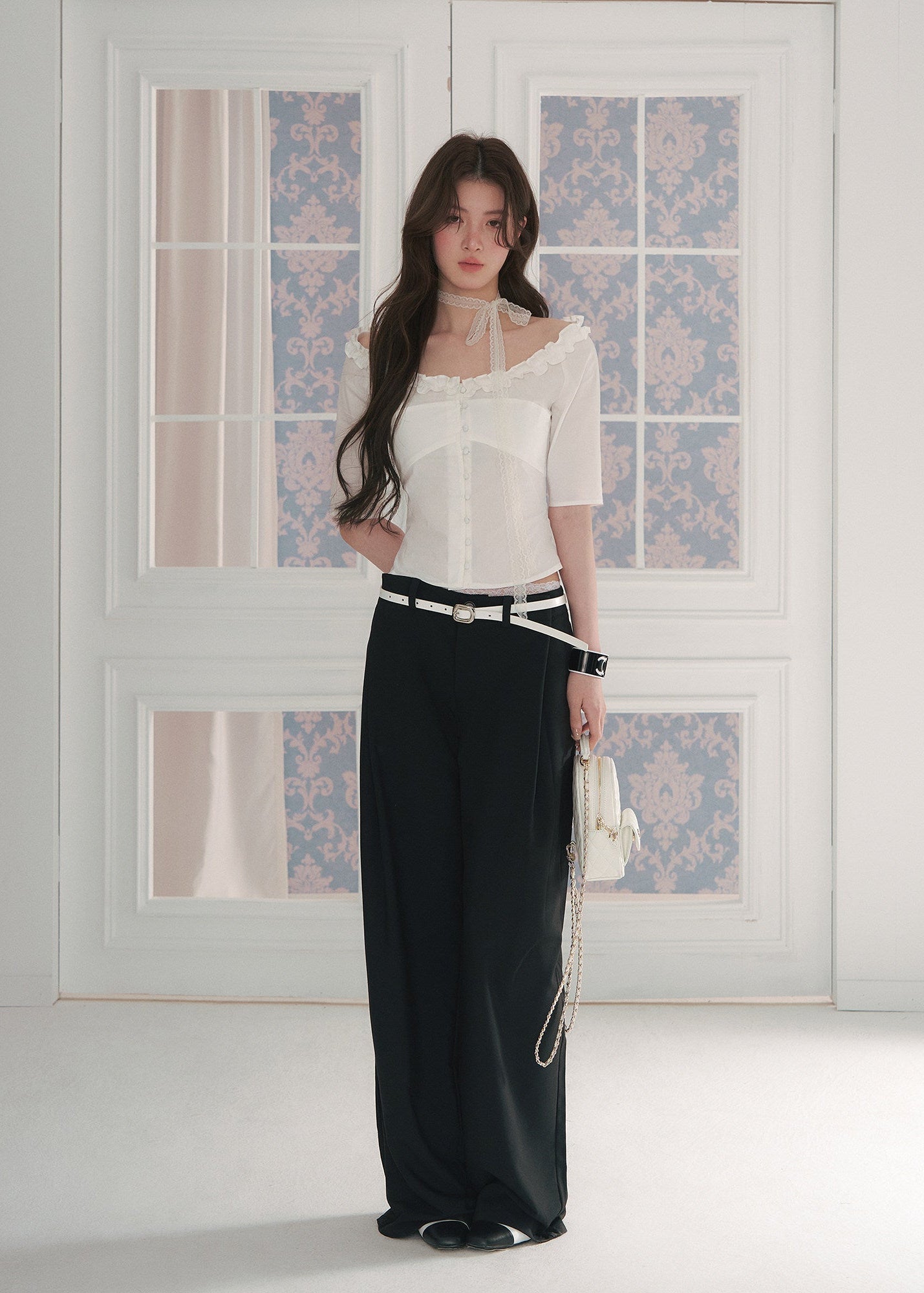 off shoulder blouse, ruffle trim blouse, feminine Korean top, court style blouse, waist cinching blouse, romantic summer top, light blue blouse, vintage inspired blouse, button front top, elegant off shoulder shirt, cotton blend blouse, Korean fashion top, dressy summer blouse, soft girl blouse, LaLuneDuCiel style top