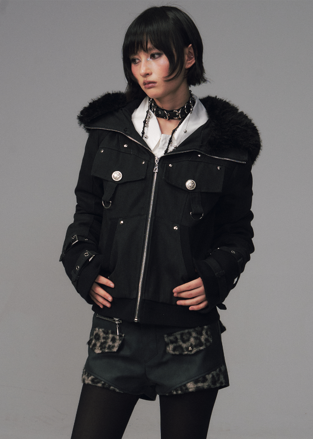 Frustration Garden jacket, edgy winter jacket, black fur hood coat, punk padded jacket, grunge winter outerwear, slim fit puffer coat, detachable fur hood jacket, street goth winter fashion, sand wash black coat, thick warm padded jacket women, alternative fashion outerwear