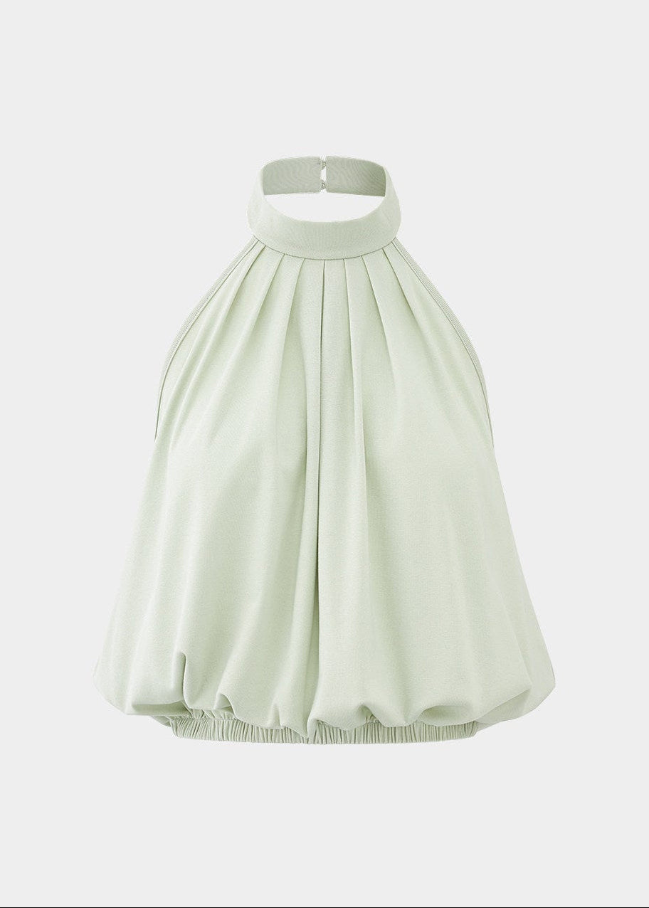 halter tank top, high neck tank top, open back top, sleeveless summer top, Korean feminine top, French minimalist top, mint green tank top, pleated halter top, cotton spandex top, bubble hem top, minimalist summer blouse, feminine Korean fashion, resort tank top, casual elegant top, open back halter top