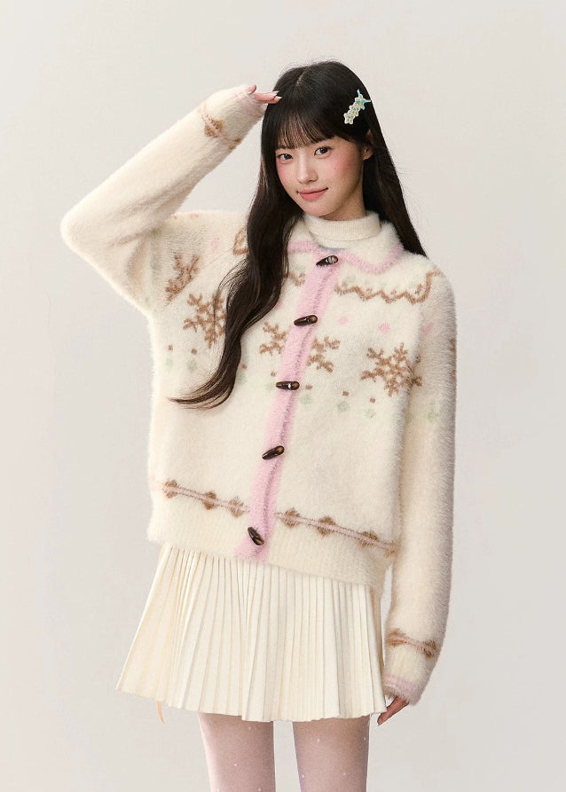 snowflake cardigan, fair isle cardigan, korean style knit sweater, soft fluffy cardigan, winter fuzzy sweater, imitation mink knit, cute korean cardigan, umoumo sweater, soft girl winter outfit, fair isle snowflake knit, cozy winter cardigan, kawaii winter cardigan, feminine knit top, warm fluffy jacket, korean fashion aw 2025