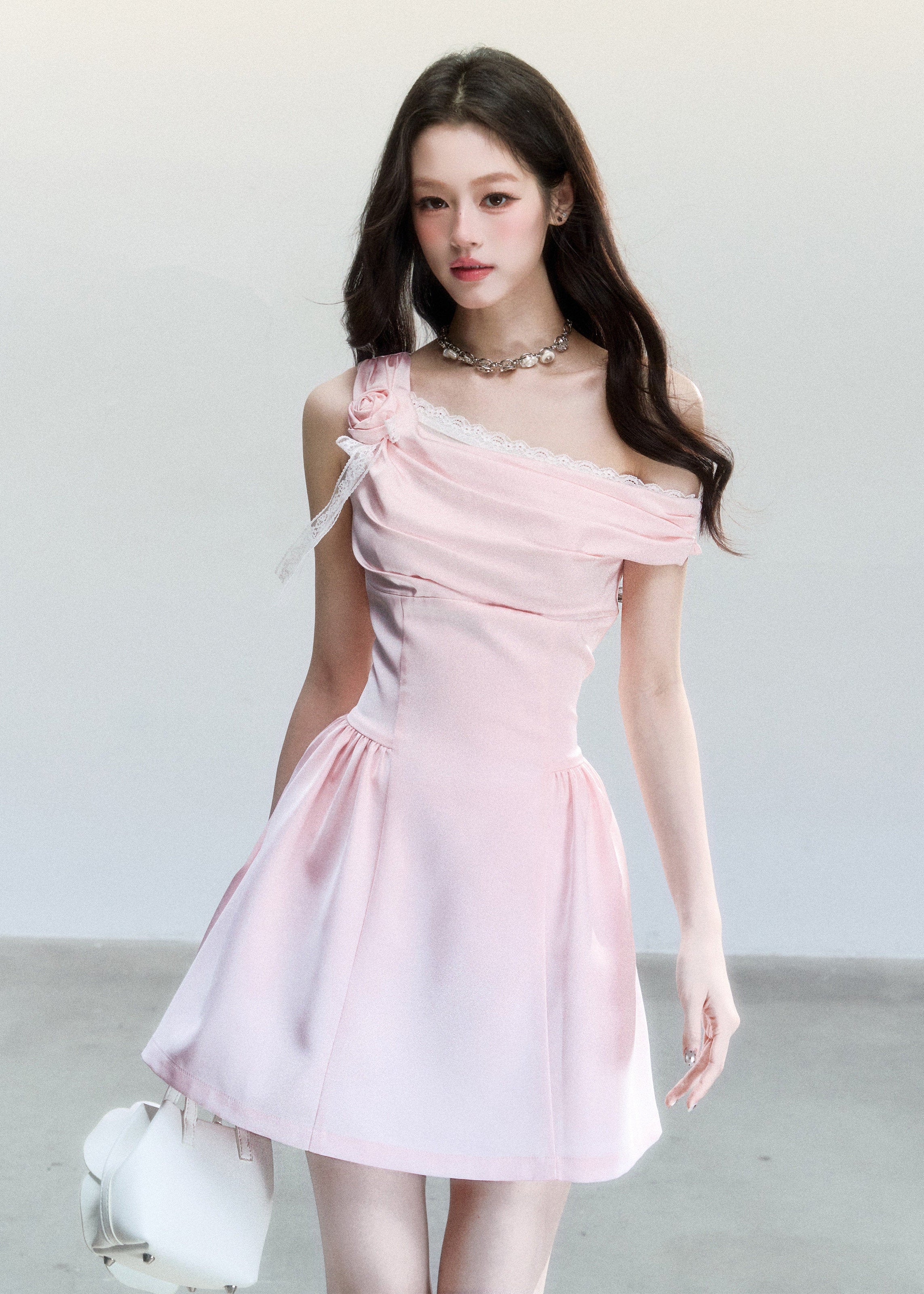 fragileheart dress, pink satin dress, one shoulder dress, asymmetrical dress, korean feminine dress, princess mini dress, blush party dress, waist cinching dress, elegant satin mini dress, romantic korean dress, soft pink occasion dress, heiress style dress