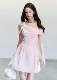fragileheart dress, pink satin dress, one shoulder dress, asymmetrical dress, korean feminine dress, princess mini dress, blush party dress, waist cinching dress, elegant satin mini dress, romantic korean dress, soft pink occasion dress, heiress style dress