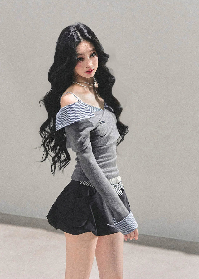 one shoulder top, asymmetric knit top, Korean fashion top, plaid layered top, fall winter knit shirt, waist slimming top, feminine Korean style, AOMALM top, draped knit blouse, off shoulder long sleeve, plaid detail shirt, aesthetic Korean outfit, trendy autumn tops, slimming knitwear women, soft girl Korean fashion, elegant knit top, street feminine style, winter layering top