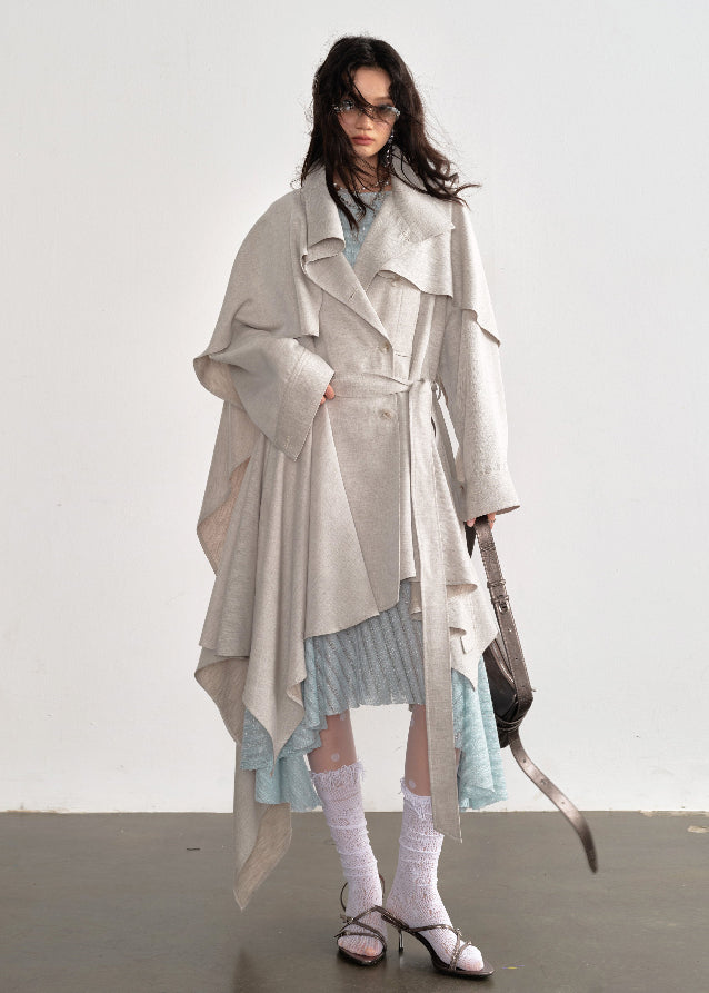 JNYLON detachable cape trench coat women, Korean stylish linen trench coat, modern Korean fashion long coat, chic natural style outerwear women, trendy Korean street chic trench, plaster white irregular trench coat, oversized linen blend coat Korean style, urban fashion layered trench women, stylish Korean aesthetic long coat, fashionable natural tone trench coat