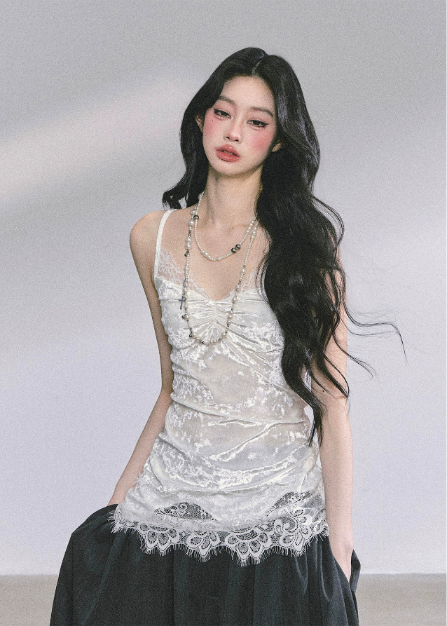 lace camisole, velvet lace top, sexy lace tank, Korean fashion camisole, French lace top, pure desire aesthetic top, Y2K lace cami, layered lace tank, Korean-American style top, elegant lace slip top, boutique lace camisole, sheer lace top, women's lace fashion, fall winter lace top, romantic lace camisole, hot girl lace top, aesthetic velvet cami, lace trim camisole, trendy Korean tops, feminine lace outfit
