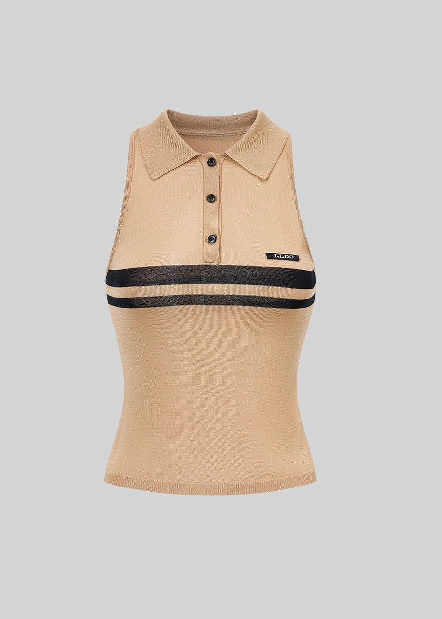 Sleeveless striped knit polo top styled with dark bottoms outdoors