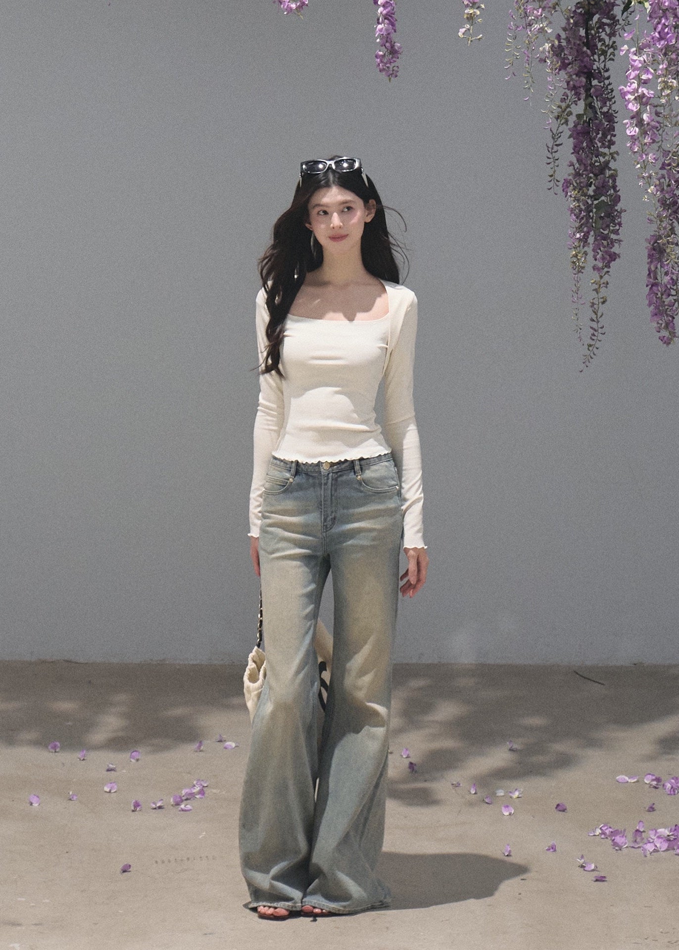 Cream lyocell-blend square-neck top with a slim silhouette