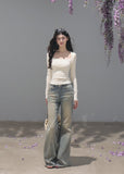 Cream lyocell-blend square-neck top with a slim silhouette