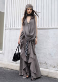 jnylon vest, draped vest women, korean fashion vest, sleeveless long top, sculptural vest, gray draped top, urban korean fashion, stylish layering top, low drape vest, pleated vest women, modern streetwear top, korean designer style