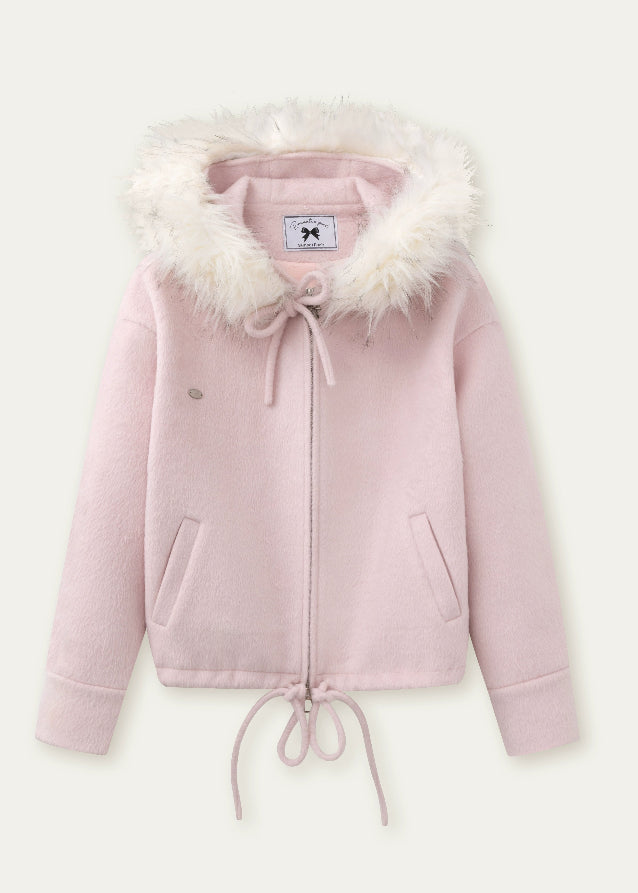 SunsetPark winter jacket, fur collar wool coat, cozy girly winter top, pink gray wool jacket, soft fluffy collar coat, Korean cute winter outerwear, warm cozy woolen jacket, feminine winter coat women, pastel winter jacket, AW soft wool coat, fluffy trim hood coat, cute Korean warm jacket, winter romantic outfit