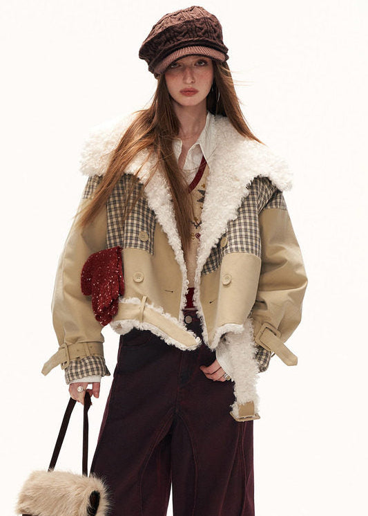 plaid spliced jacket women, fur collar jacket women, y2k street jacket, oversized lapel jacket, autumn winter jacket women, fashion street outerwear, casual statement jacket, retro inspired jacket, mixed fabric jacket women, trendy winter jacket, high fashion street jacket, mamc outerwear style, bold women jacket, streetwear coat women, y2k fashion jacket