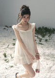 aomalm dress, white lace mini dress, french doll dress, flutter sleeve dress, korean feminine dress, summer lace dress, romantic white dress, button front mini dress, lace trim dress, feminine summer dress, doll mini dress, soft white vacation dress