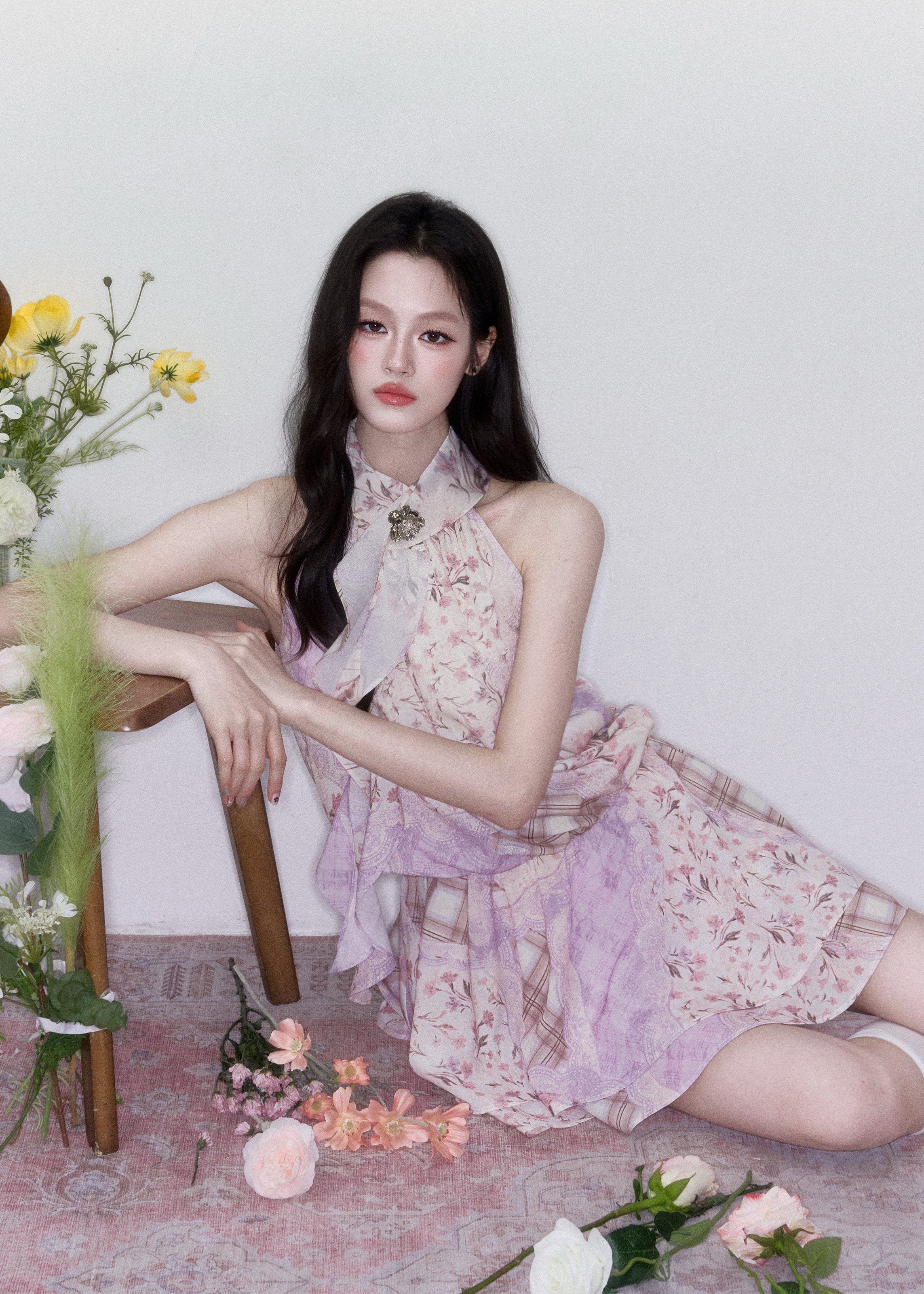 fragileheart dress, floral halterneck dress, pink floral mini dress, korean feminine dress, romantic summer dress, vintage floral dress, scarf neck mini dress, lilac floral dress, soft girl summer dress, feminine date dress, floral korean fashion, halterneck short dress