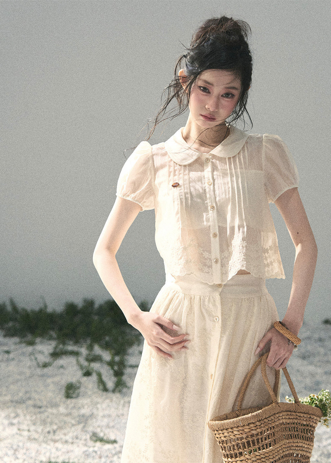 aomalm set, lace two piece set, french blouse skirt set, korean feminine set, lyocell skirt set, romantic summer outfit, lace blouse and skirt, white two piece set, feminine korean fashion, long skirt set, french garden outfit, summer lace set